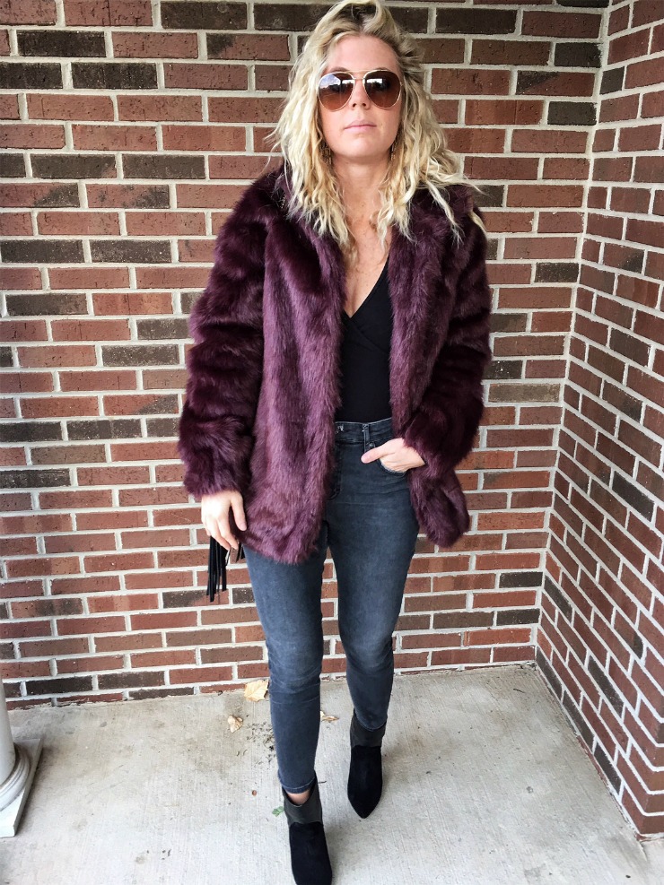 purple fake fur jacket